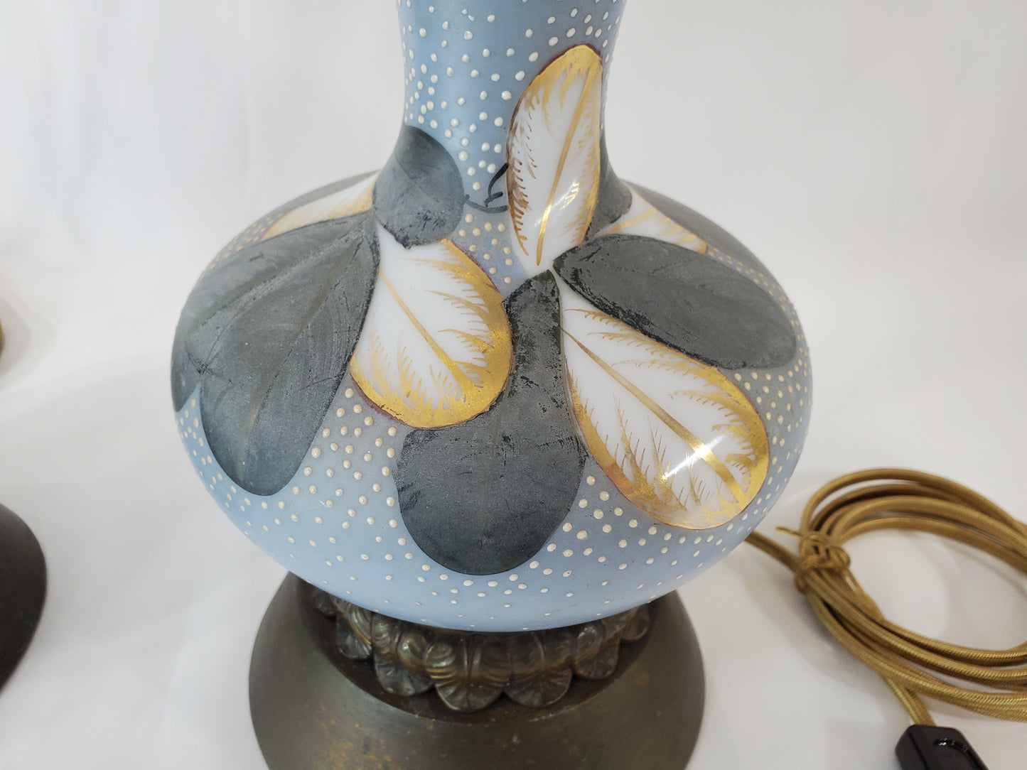 Vintage Charleton Glass Enamel Floral Table Lamp Pair