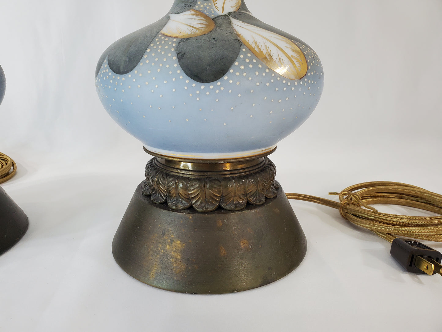 Vintage Charleton Glass Enamel Floral Table Lamp Pair