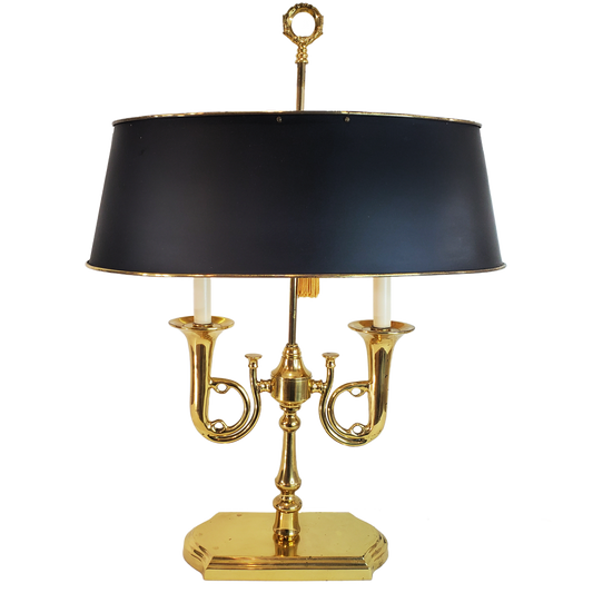 Vintage French Horn Bouillotte Table Lamp Metal Tole Shade