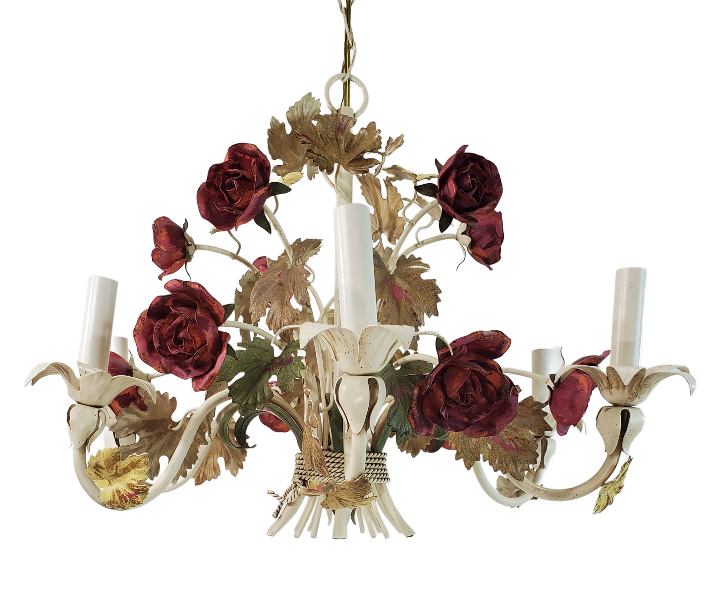 Vintage 6 Light Italian Tole Metal Flower Chandelier