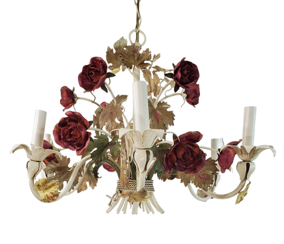 Vintage 6 Light Italian Tole Metal Flower Chandelier