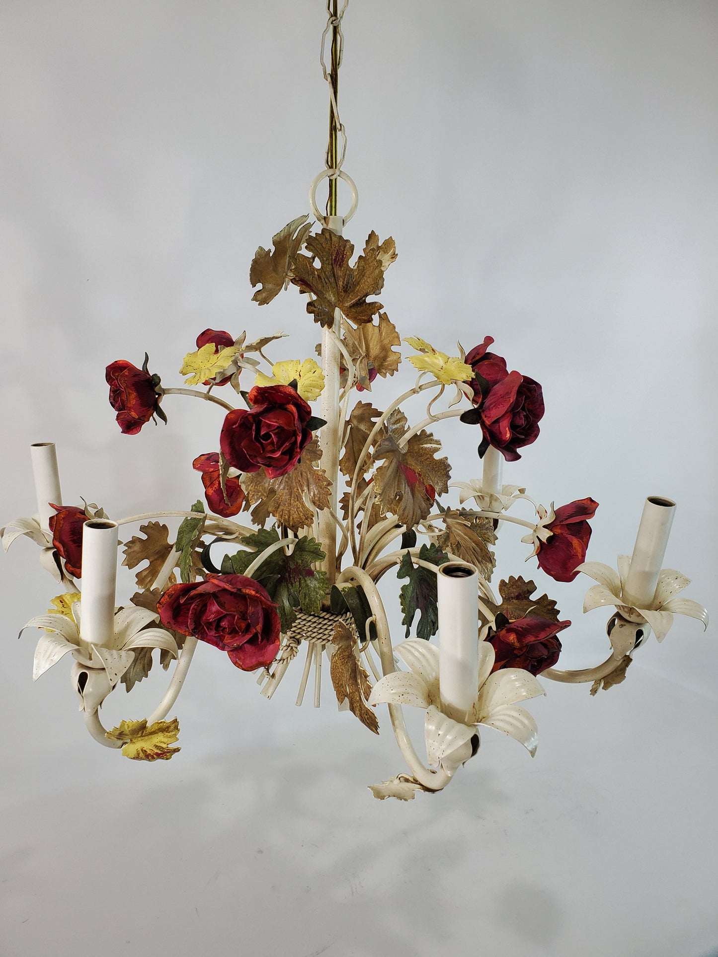 Vintage 6 Light Italian Tole Metal Flower Chandelier