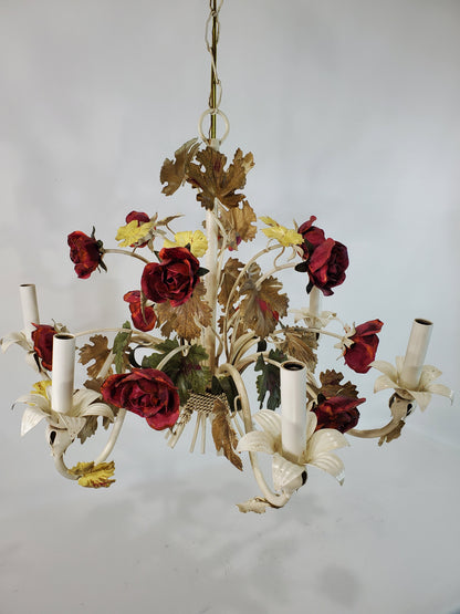 Vintage 6 Light Italian Tole Metal Flower Chandelier