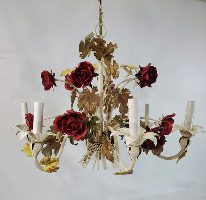 Vintage 6 Light Italian Tole Metal Flower Chandelier