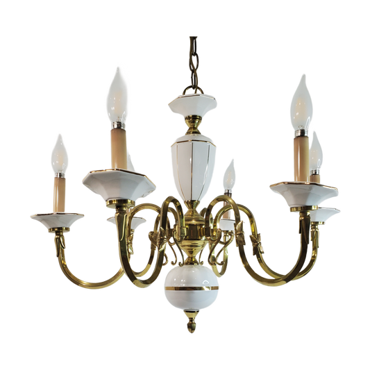 Vintage Mid Century Italian White and Gold Hollywood Regency Style 6 light Chandelier