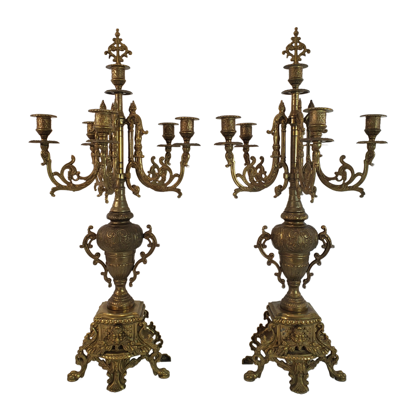 Vintage Pair Brass 5 Arm Brevettato Italian Baroque Candelabras