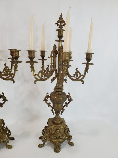 Vintage Pair Brass 5 Arm Brevettato Italian Baroque Candelabras