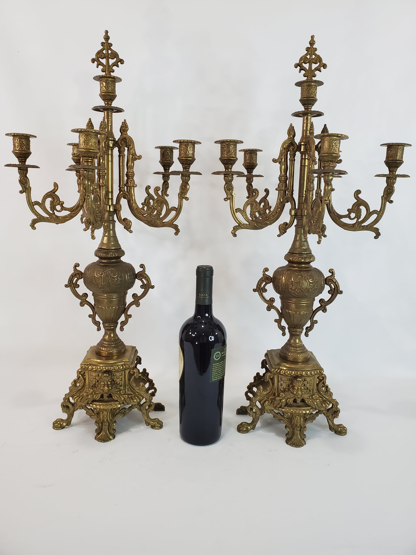 Vintage Pair Brass 5 Arm Brevettato Italian Baroque Candelabras