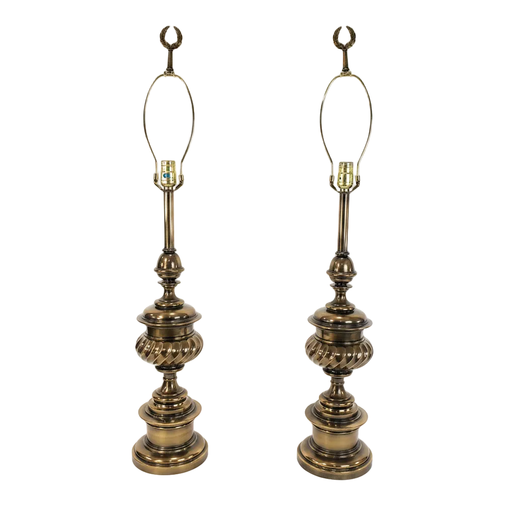 Vintage Pair Brass Stiffel Table Lamps - Hollywood Regency Fluted Urn
