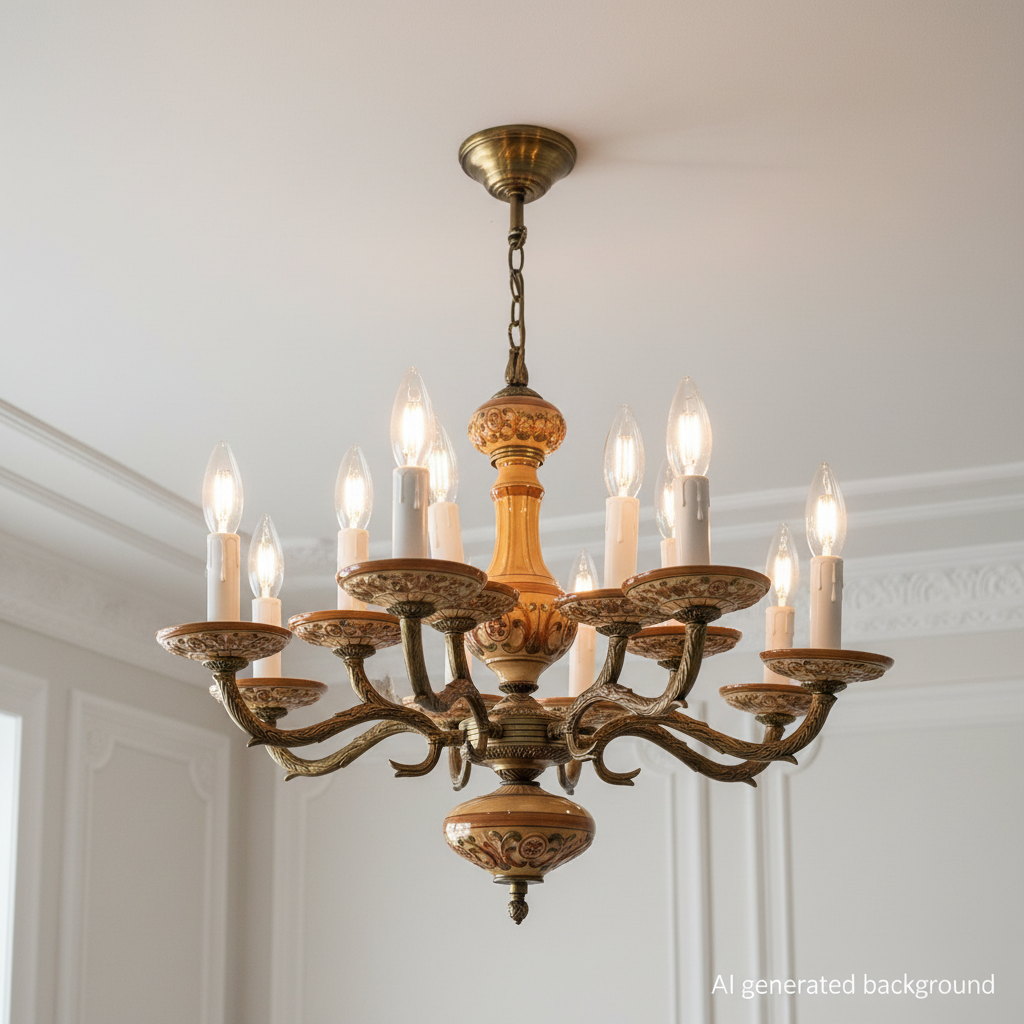 Vintage Porcelain and Brass 10-Light Chandelier