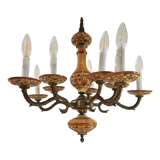 Vintage Porcelain and Brass 10-Light Chandelier