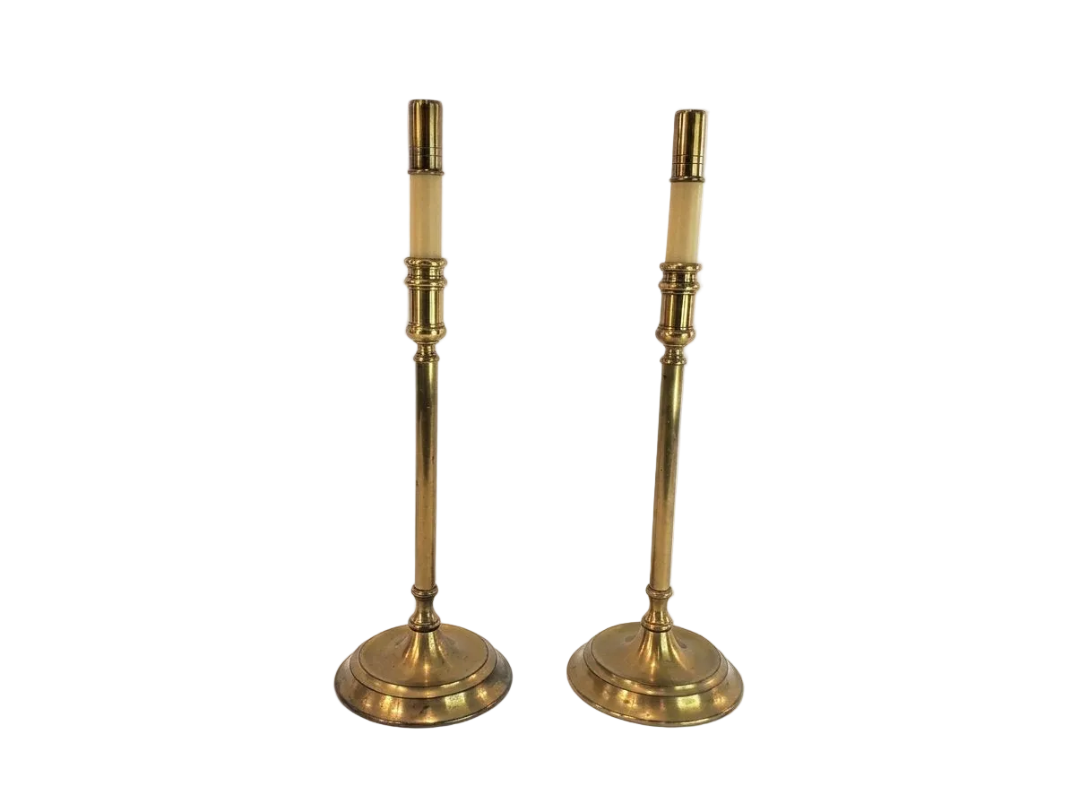 Pair Vintage Solid Brass Candlestick Buffet Lamps by Chapman