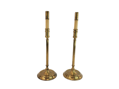 Pair Vintage Solid Brass Candlestick Buffet Lamps by Chapman