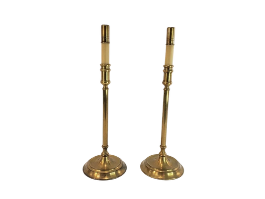 Pair Vintage Solid Brass Candlestick Buffet Lamps by Chapman