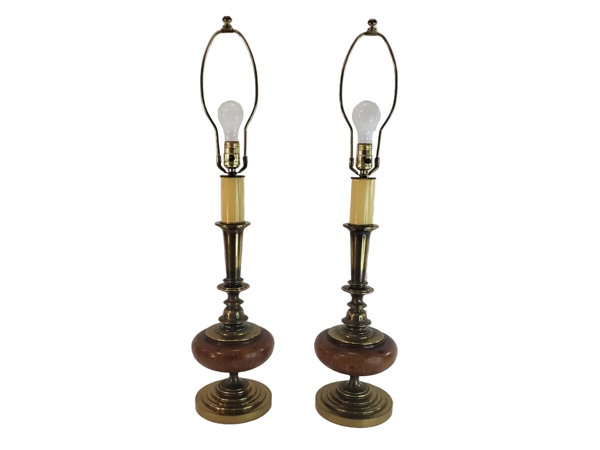 Pair Vintage Brass and Wood Candlestick Table Lamps