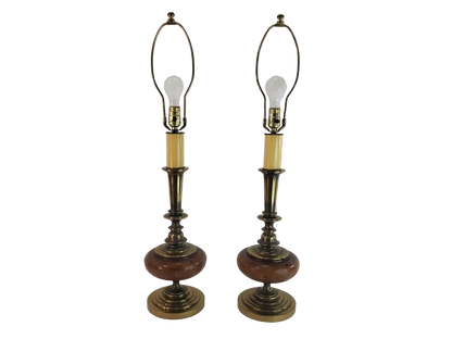 Pair Vintage Brass and Wood Candlestick Table Lamps