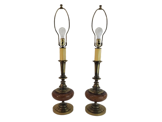 Pair Vintage Brass and Wood Candlestick Table Lamps