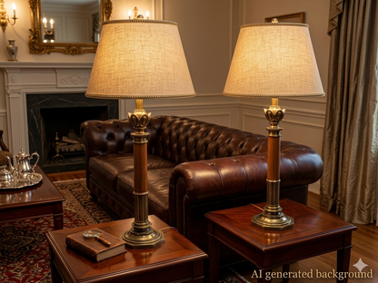Pair Vintage Stiffel Torchiere Table Lamps Brass Wood - Rare Neoclassical Design