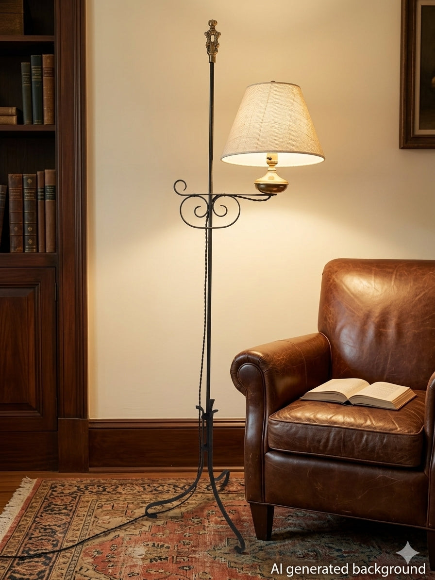 Antique Wrought Iron Bridge Arm Floor Lamp - Brass Oil Well Accent