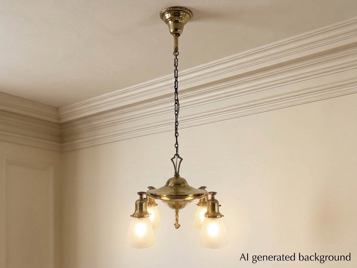 Antique 1920s Polished Brass 4-Light Pan Chandelier - Fully Restored